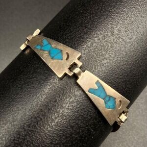 Vintage Taxco Sterling Silver Bracelet Turquoise Inlay IR Eagle 3 Mexico 6.75 in